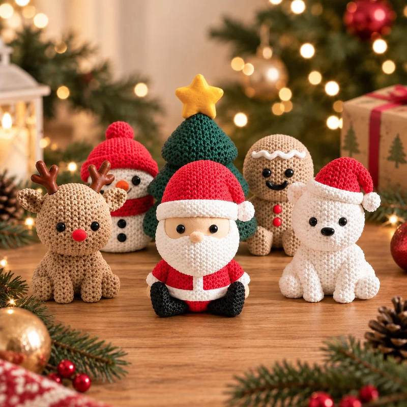 Kit Completo de Natal — 6 Bonecos de Tricô 3D